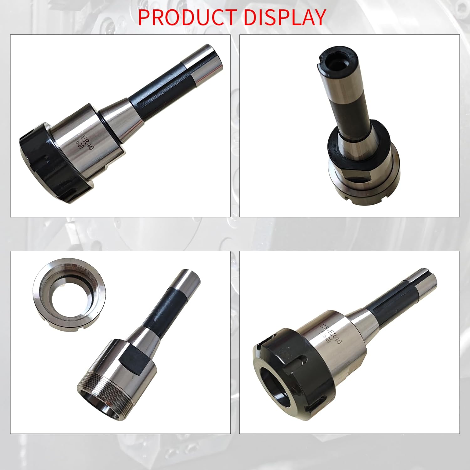 R8-ER40 Collet Chuck, R8-ER40 Collet Holder, 7/16-20 Drawbar Thread, R8 Tapper Shank, ER40 Wrench