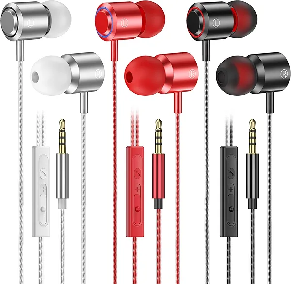 3 Pack Wired Earbuds with Microphone, in-Ear Headphones Wired with Noise Blocking &Volume Control, Premium Sound& Lightweight Corded Earphones for Laptops, Tablets, MP3 & Most 3.5mm Interface Devices