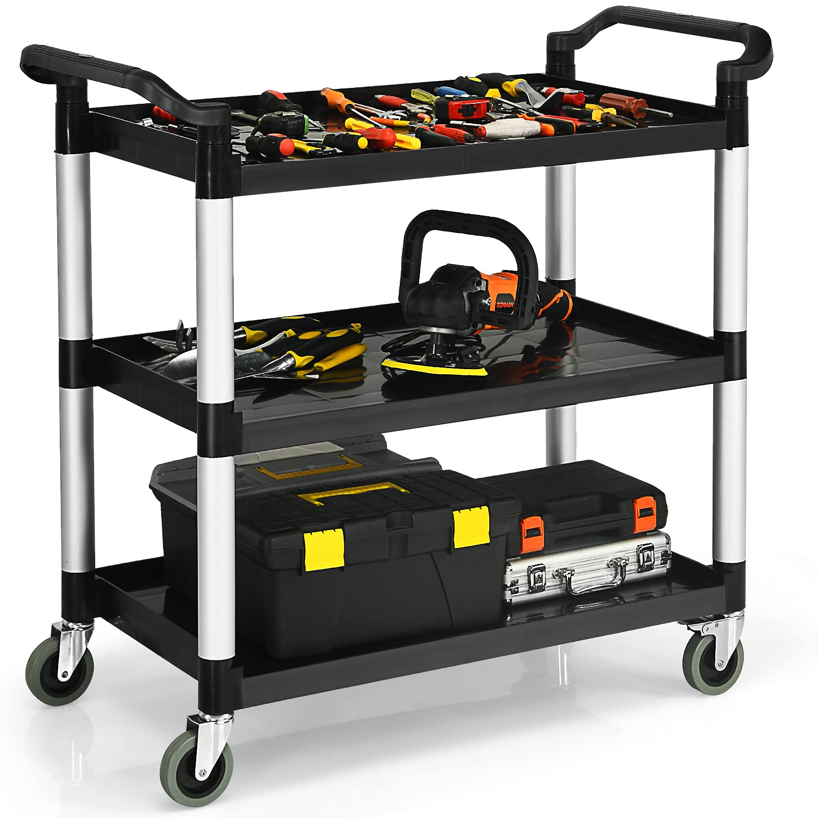 GOPLUS Carro de plástico de 3 estantes, carro de restaurante con 3 estantes, 2 ruedas con cerradura, 2 asas ergonómicas, carro de servicio con cerradura para cocina