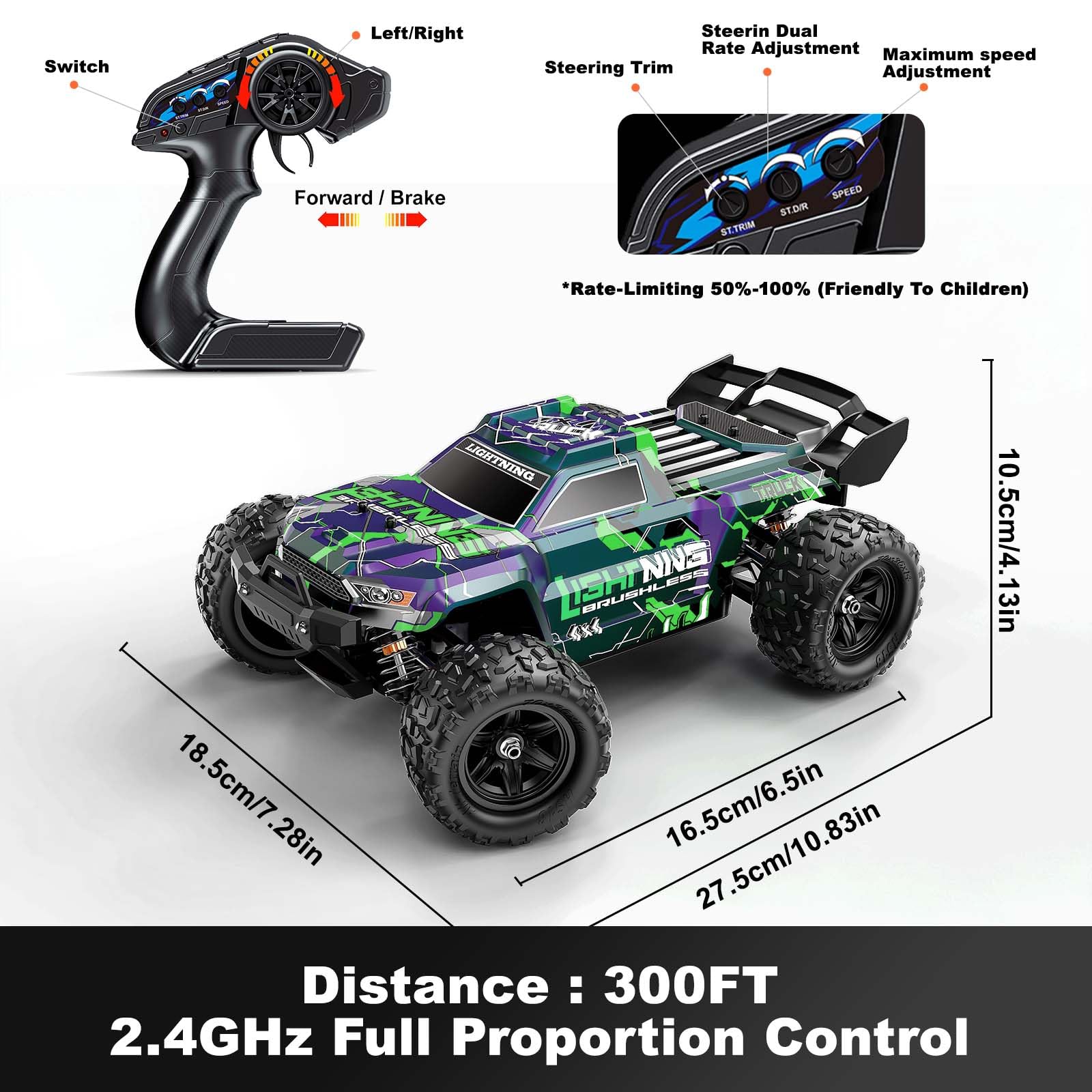 Coche Teledirigido Adulto 1:18 Brushless RC Offroad 4x4 52 km/h | Coche RC todoterreno RTR con amortiguadores de aceite, transmisión metálica, 2 baterías y 2 carrocerías