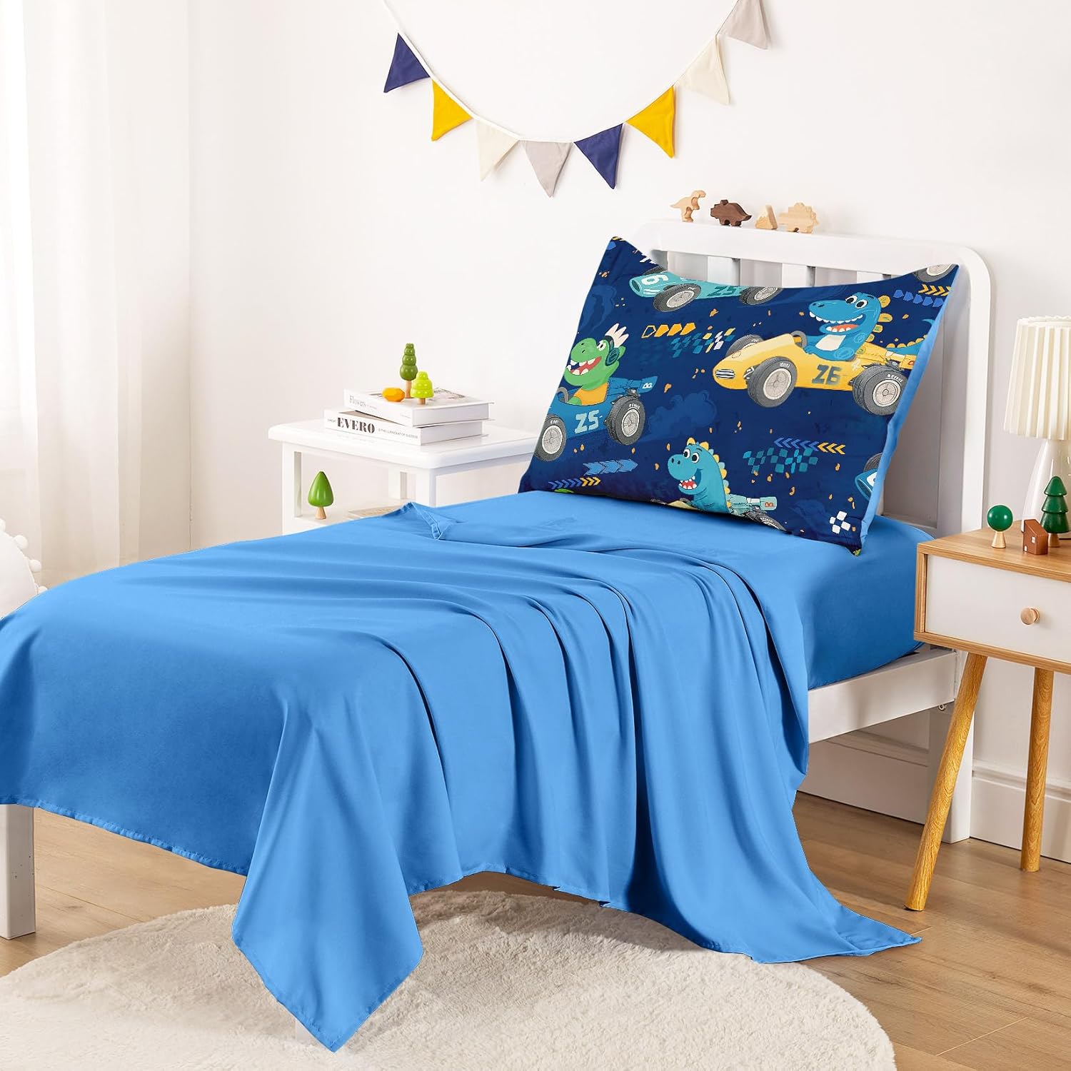 Wake In Cloud - Dinosaur Toddler Bedding Set for Boys, Colorful Dino Race Car, 4 Pieces Soft Crib Bed Set Including Comforter, Sheets and Pillowcase, Navy Blue