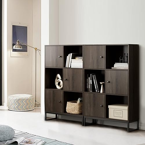 Miniatura 3 de Estantería y estantería con puertas, gabinetes de almacenamiento industriales de madera de 4 niveles, estantes de exhibición altos, estantería para