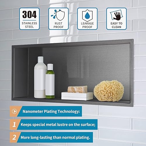 Miniatura 4 de Nicho de ducha de acero inoxidable cepillado de 24 x 12 pulgadas, organizador de ducha empotrado, inserto de estante de baño para instalación de