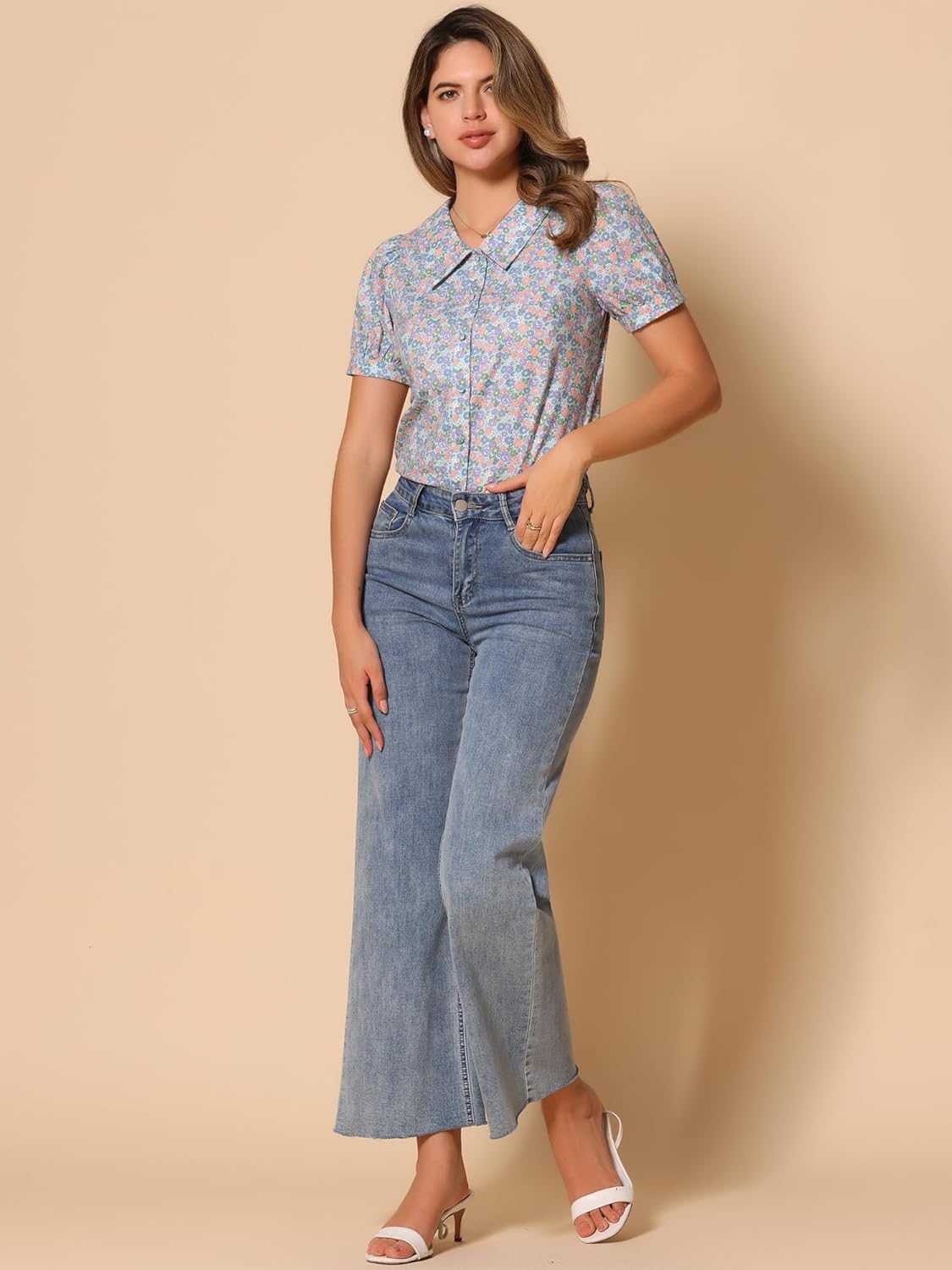 Allegra K Women's Summer Shirt Top Puff Short Sleeve Point Collar Button Down Floral Blouse - Image 3