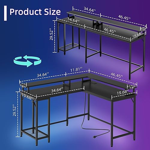 Miniatura 2 de Shintenchi Escritorio para computadora en forma de L de 46 pulgadas con luces LED y soporte para monitor, escritorio reversible para juegos con