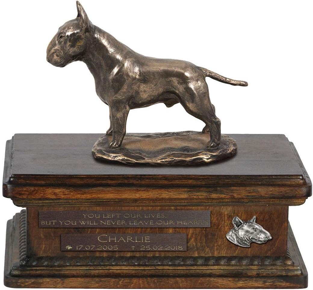 Art-Dog Custom Dog Sitting Statue Memorial Urn - Handmade Cold Cast Bronze on Birch Base – Sturdy and Stylish Urn for Dog’s Ashes – 8.3x11.4x8.7 – 5l – Bull Terrier II