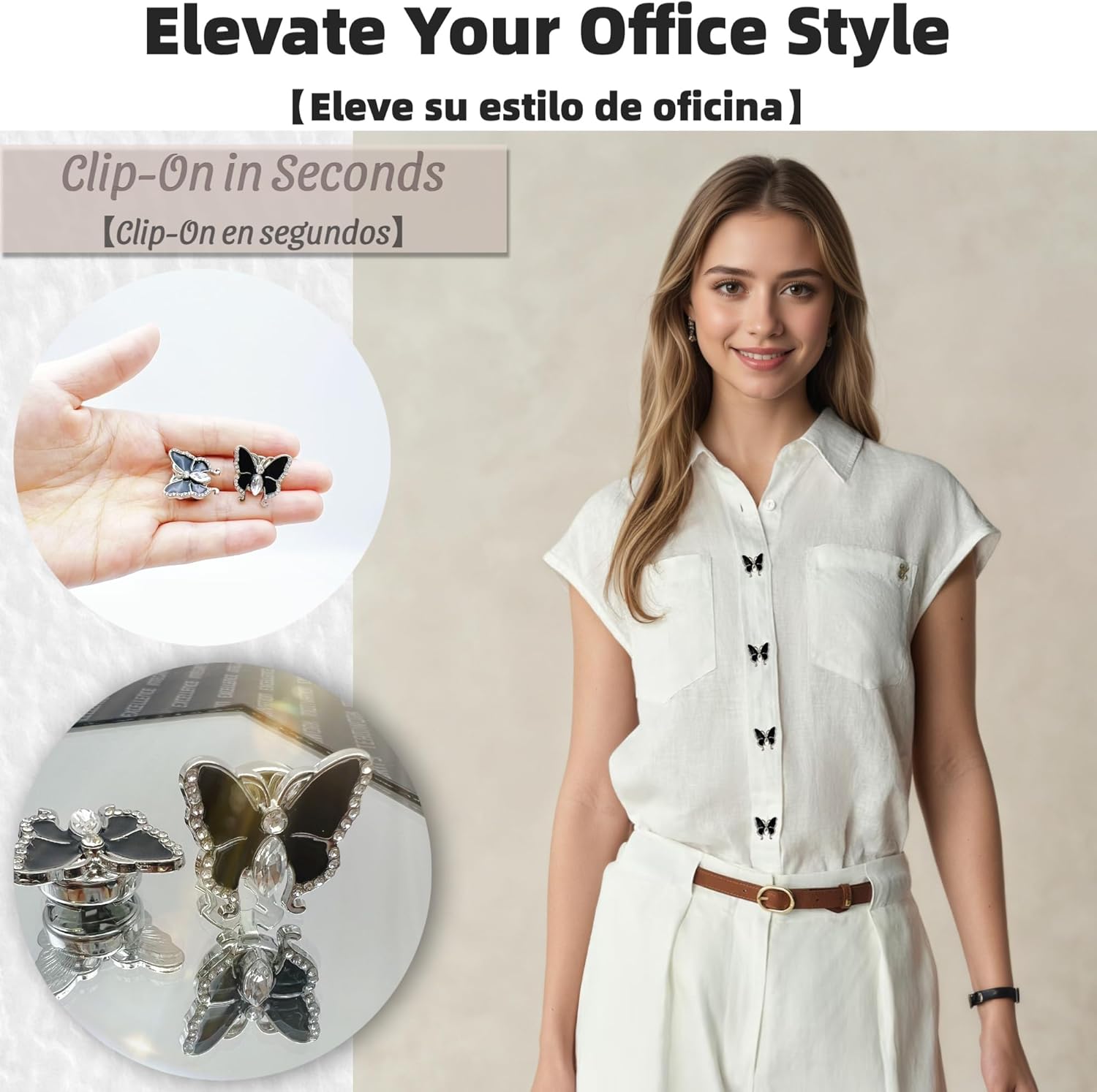 Elegant Button Covers for Women Blouses – 6PCS Clip-On Rhinestone & Pearl &Butterfly Shirt Button Covers, 3 in 1 Convertible -15mm(Silver)