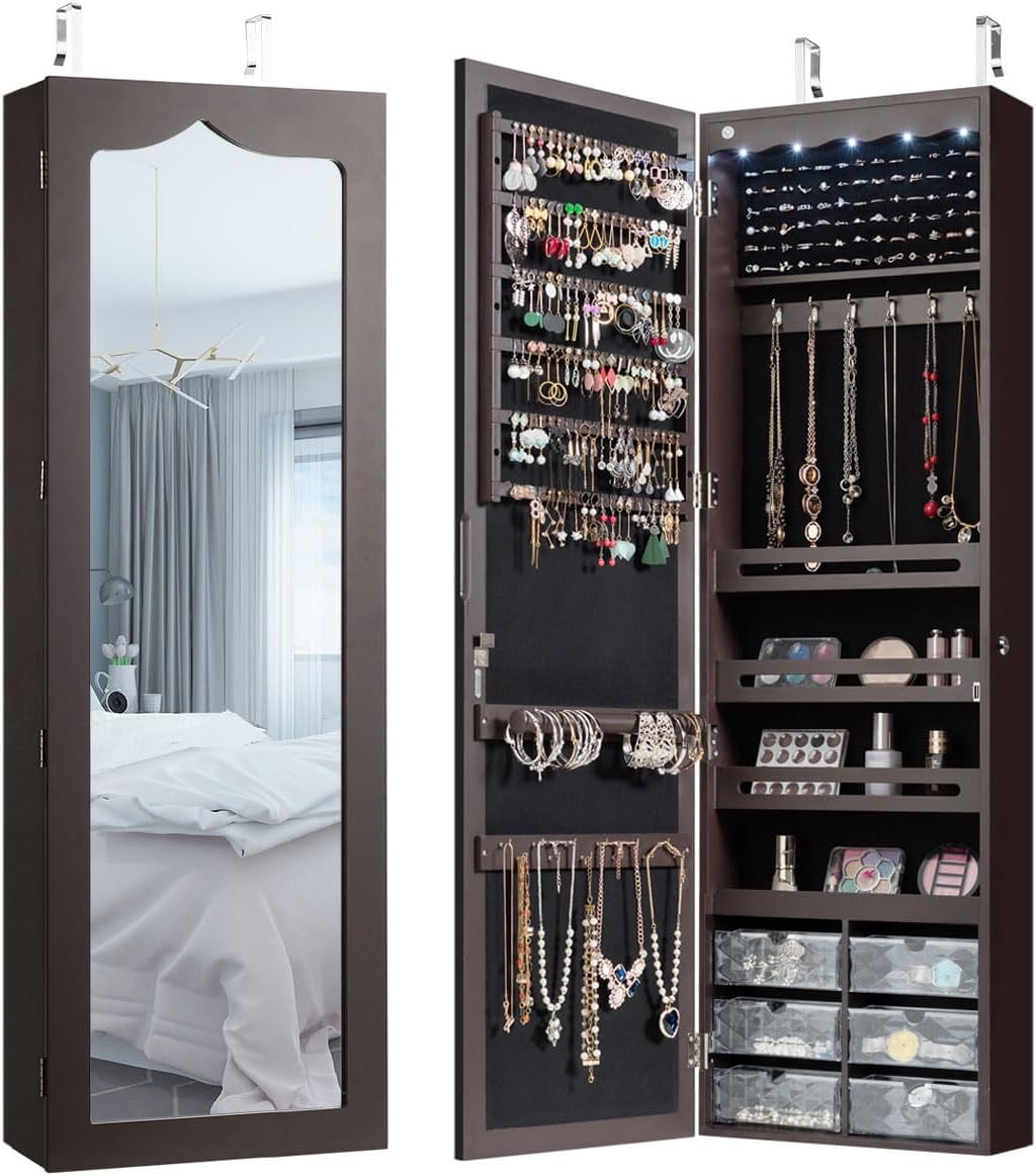 HAPPYGRILL Wall-Mounted Jewelry Armoire, Lockable Jewelry Organizer with Full Length Mirror, 6 Drawers & 5 LEDs, Door Mounted Jewelry Cabinet for Women Girls Gift (Brown)