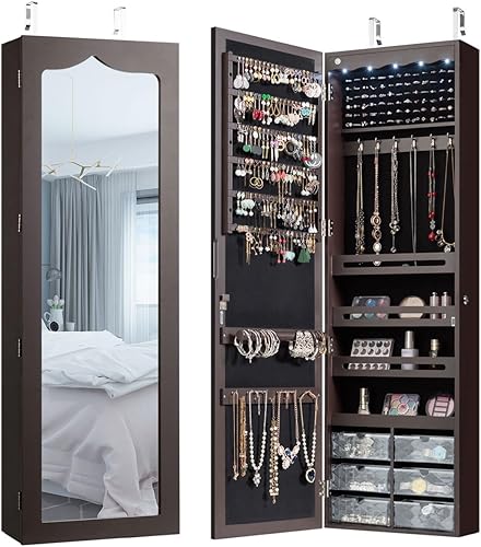 HAPPYGRILL Armario de joyería montado en la pared, organizador de joyas con cerradura con espejo de longitud completa, 6 cajones y 5 LED, armario de