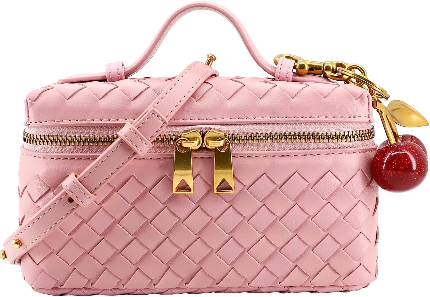 Woven Crossbody Bags for Women Trendy Clutch Purse Bag Small Top Handle Leather Handbag with Cherry Charm
