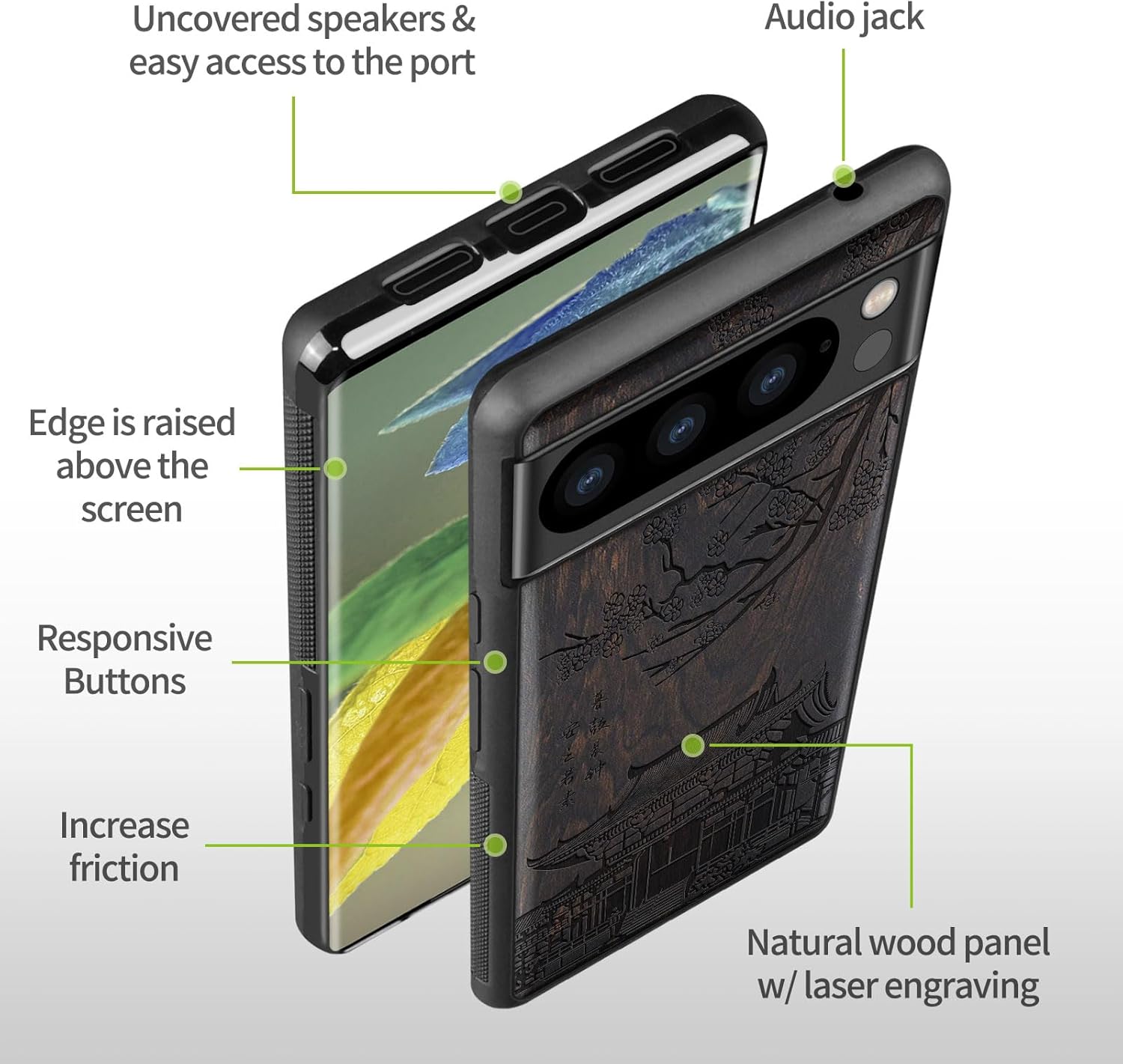 Carveit Wood Case for Pixel 8 Pro Case [Natural Wood & Black Soft TPU] Shockproof Protective Unique Wooden Cover Compatible with Google Pixel 8 Pro (Traditional Temple-Blackwood)
