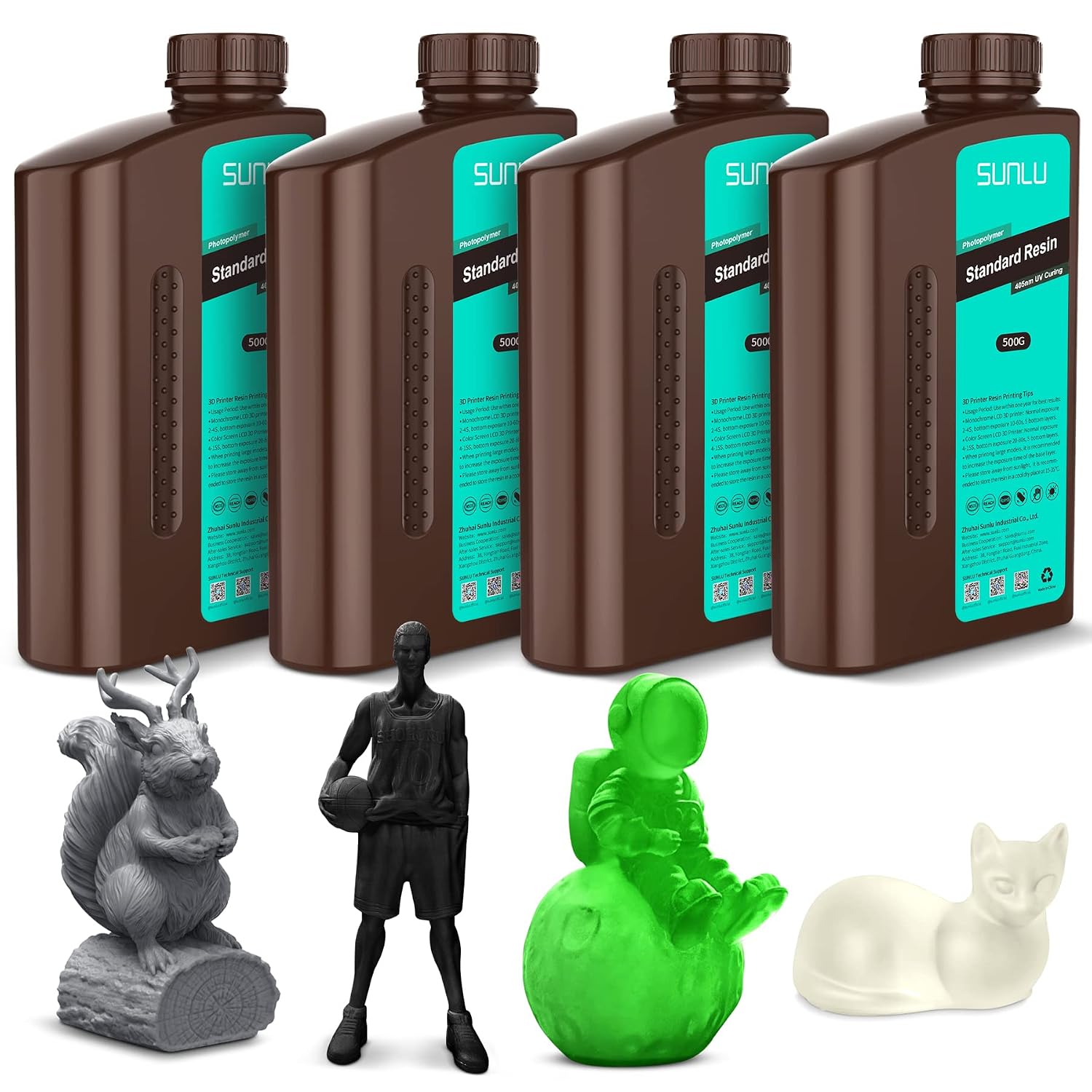 SUNLU 3D Printer Resin, Rapid Curing Standard Resin for LCD DLP SLA Resin 3D Printer, Low Shrinkage, High Precision, 2000g 3D Resin, 500g per Bottle, Dark Grey+Black+Clear+Clear Green