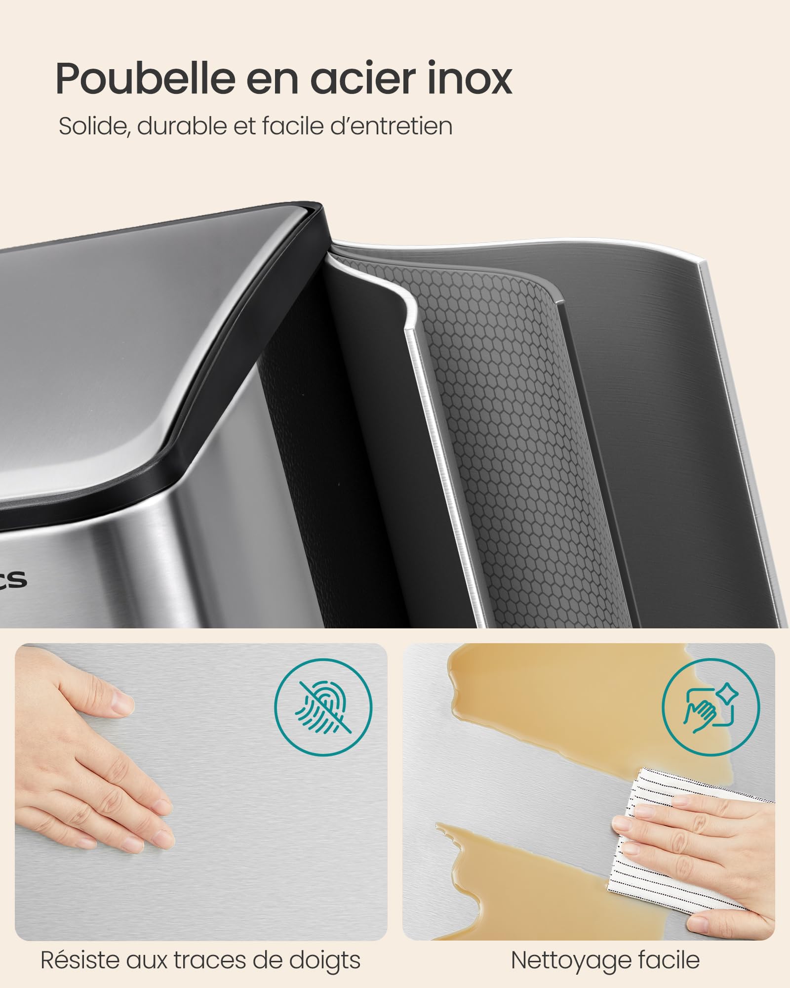 SONGMICS Poubelle Cuisine, Tri Sélectif, 3 Bacs, 60L, Acier
