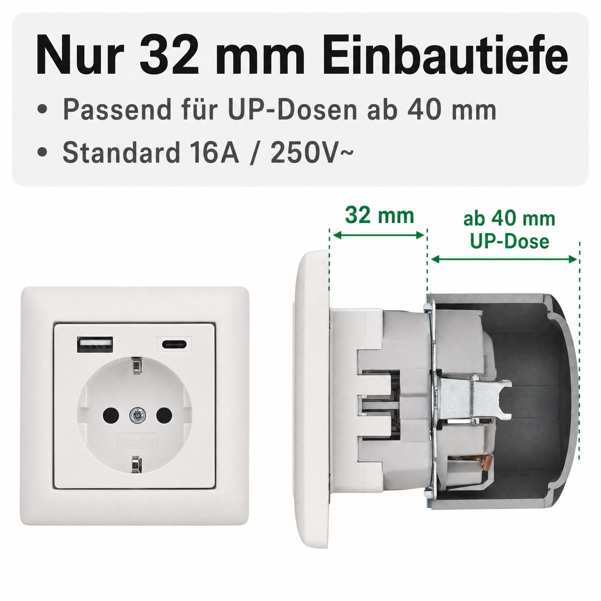 USB-Steckdose chargeMax unter Putz USB-A + USB-C mit Rahmen Ausführung 2USB, Tiefe nur 32mm, Set mit Abdeckung Busch Jaeger Balance Si alpinweiß glänzend