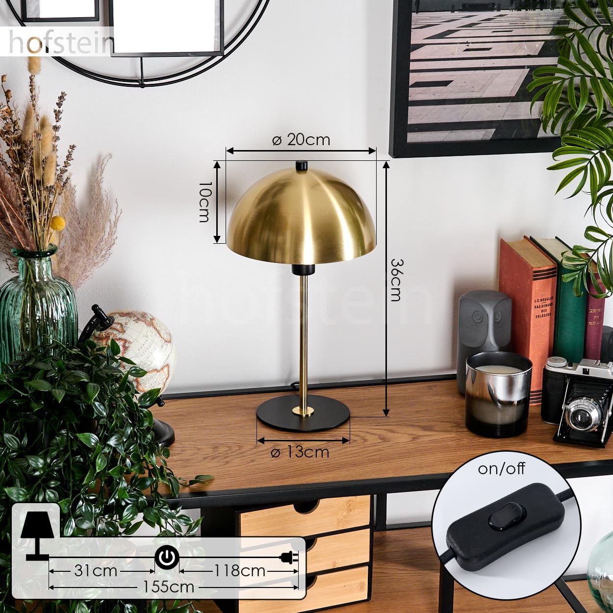 Lampe de table Sandvig, lampe de chevet moderne en métal laiton/noir, ronde au design rétro/vintage, Ø 20 cm, hauteur 36 cm, avec interrupteur marche/arrêt sur le câble, 1 x E14, sans ampoule
