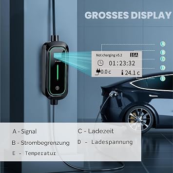 EV Type 2 Charging Cable Schuko 1-Phase 6-32A Adjustable with LCD (7.4kW 5M)