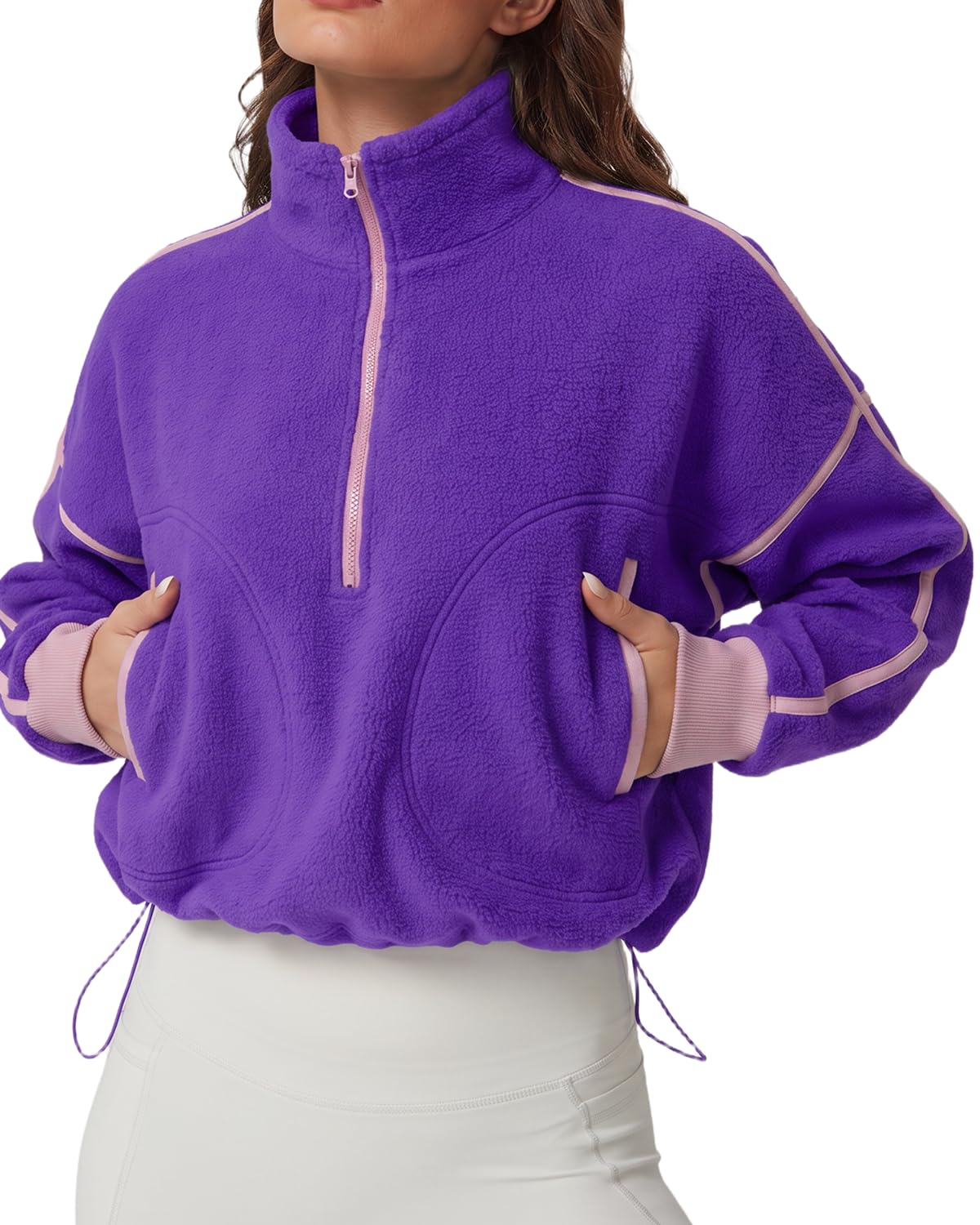 QINSEN Women's Half Zip Fleece Short Pullover Sweatshirt Winter Long Sleeve Cozy Sherpa Sweater Top