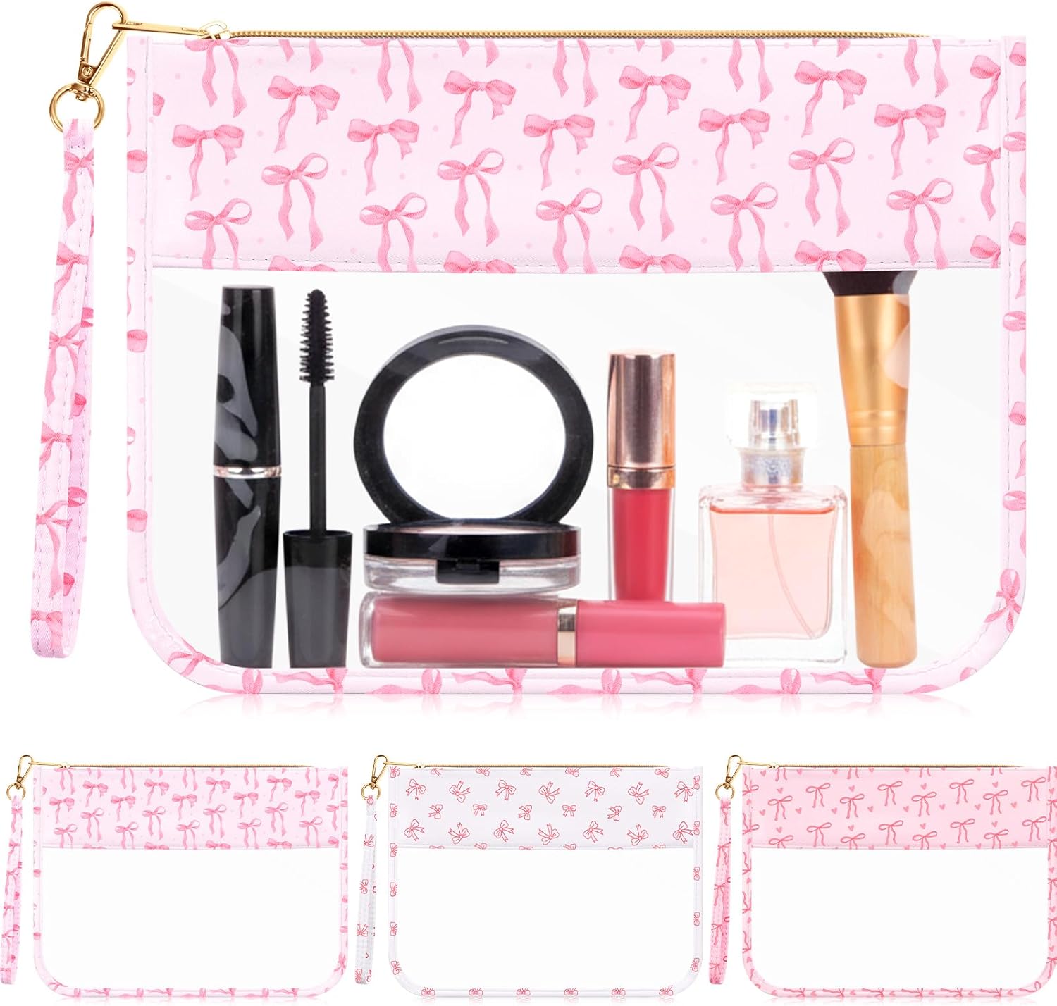 Kacctyen Pink Bow Clear Makeup Bag with Handle, Galentines Gifts for Women, Cute Coquette Zipper Cosmetic Bag Preppy Transparent Nylon Travel Organizer Portable Toiletry Pouch(Coquette)