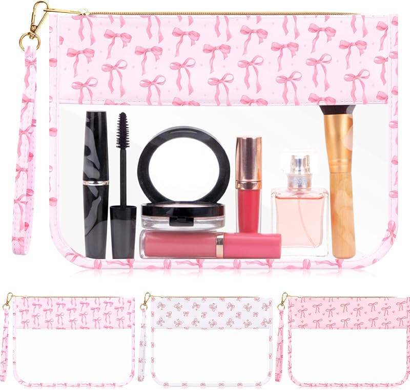 Necessaire transparente Kacctyen rosa com laços, zíper e alça