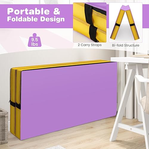 Miniatura 4 de Goplus Tapete de gimnasia plegable, de 4 x 4 x 4 pulgadas de grosor, doble plegable, con asas de transporte y cubierta de piel sintética, tapete de