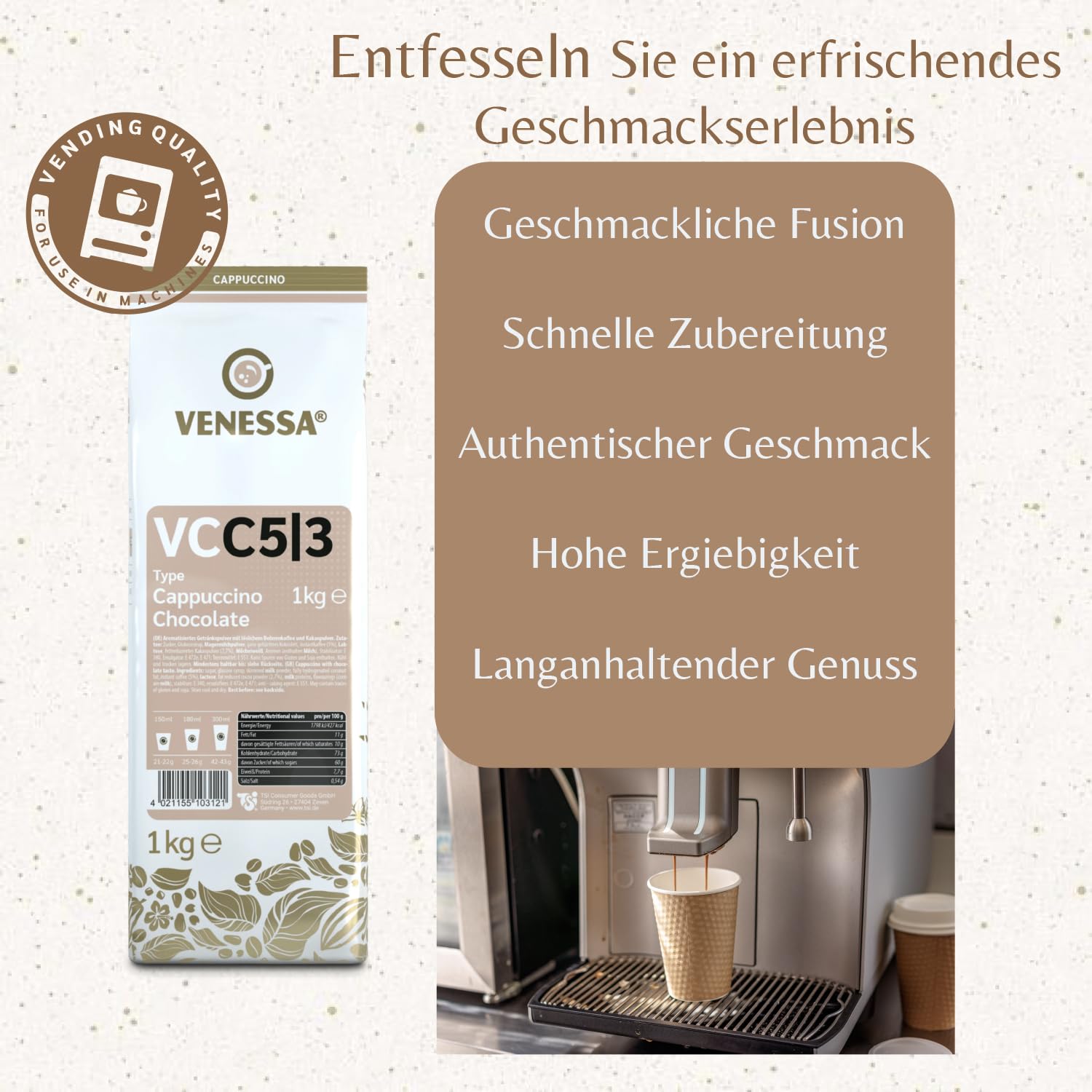 VENESSA Cappuccino Chocolate VC5/3 kremowa gorąca czekolada, kakao w proszku, 20 x 1 kg, z rozpuszczalną kawą i kakao w proszku, nadaje się do wszystkich ekspresów do kawy i Vending