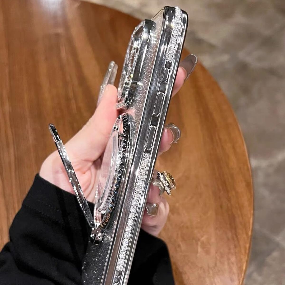 Glitter Kickstand Case for iPhone 15 Pro Max, Luxury Bling Sparkly Diamond Rhinestone with Camera Protector Liquid Flowing Ring Stand TPU Bumper Women Girls Case for iPhone 15 Pro Max (Black) - Image 8