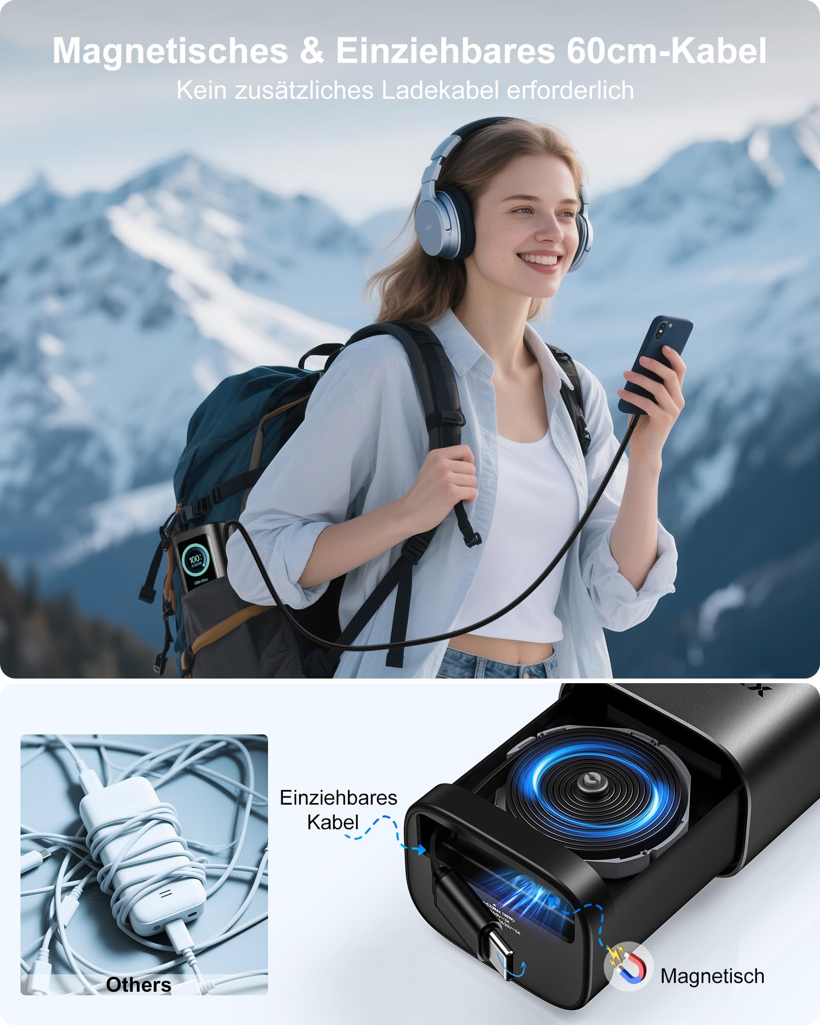 AsperX Laptop Powerbank 20000mAh,Total 165W Schnellladen | 60cm USB C Kabel Integriert,jeweils 100W'Max,TFT-Display,Power Bank für iPhone Galaxy MacBook(Alulegierung)