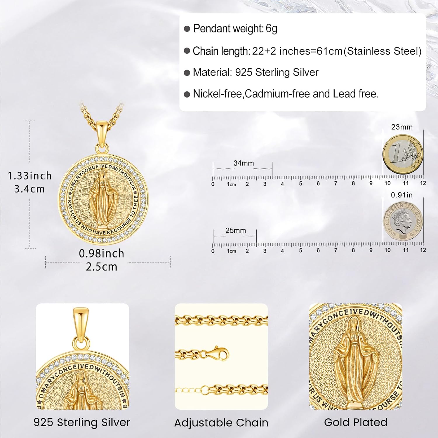 Virgin Mary Necklace Medal for Women, 925 Sterling Silver Saint Mary Mother 18K Gold Plated Catholic Medal Pendant Faith and Divine Amulet Religious Jewelry Gifts - Image 5