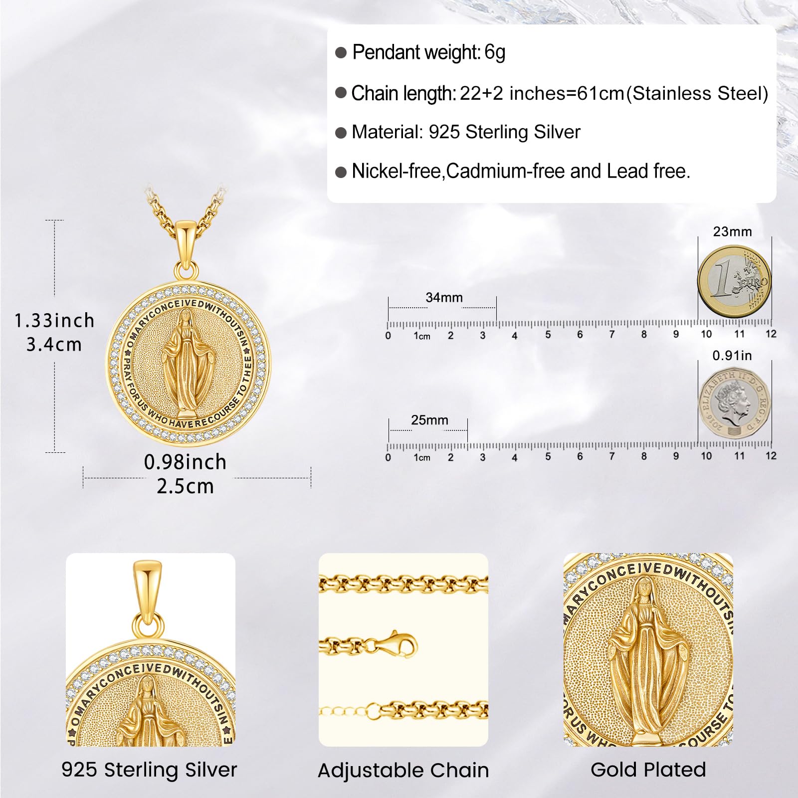 Collana con medaglia della Vergine Maria da donna, in argento Sterling 925, placcata in oro 18 K, ciondolo a medaglia cattolica fede e amuleto divino, regalo di gioielli religiosi