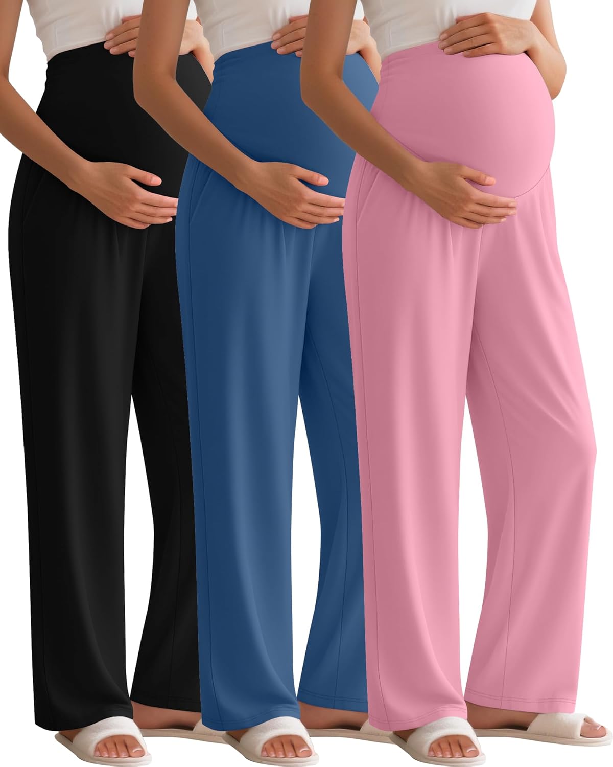 3 Pack Women's Maternity Pants Over The Belly Pregnancy Pants Stretchy Loose Wide Leg Lounge Pajama with Pockets
