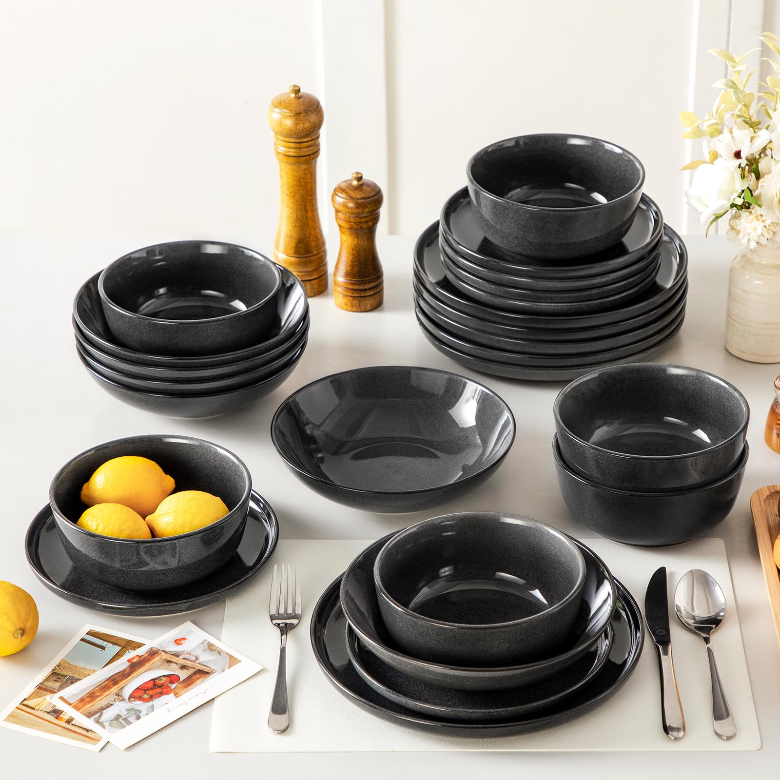 vancasso Série ANYA Assiettes Service de Table 24 Pièces pour 6 Personnes, Vaisselle en Grès - Glaçure Gris Double Flambé - Passe au Micro-Ondes, au Four et Au Lave-Vaisselle