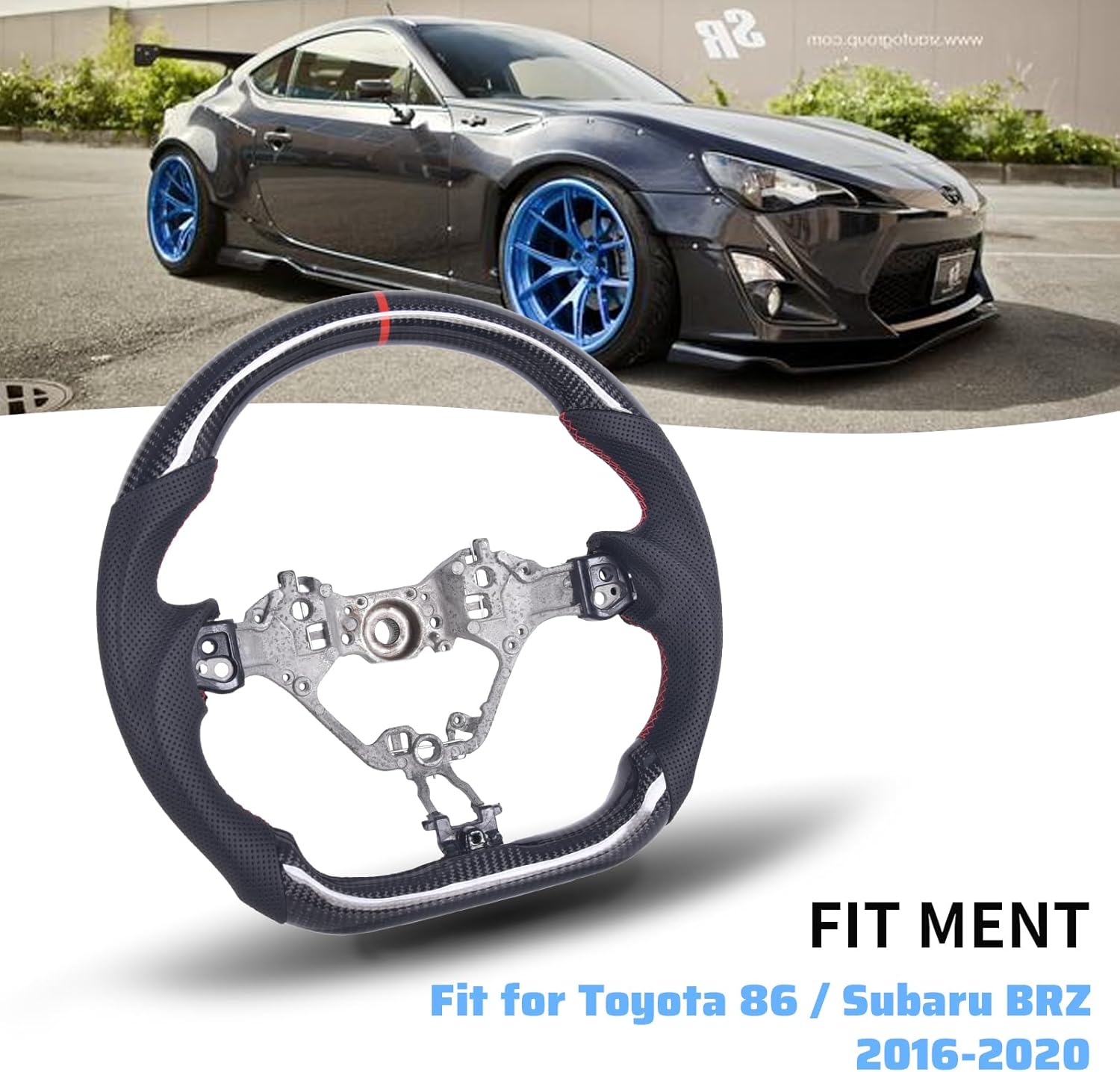 Carbon Fiber Steering Wheel for Toyota 86 /Subaru BRZ 2017-2020, D-shaped Flat-bottom Perforated Leather Grip