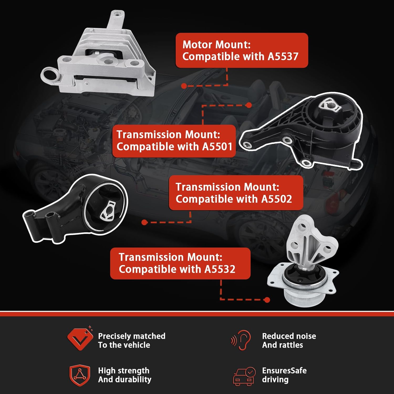 Engine Motor and Transmission Mount Kit Compatible with 2011 Lacrosse L4 2.4L 2011- 2013 Regal L4 2.4L & 2014 Impala L4 2.5L-Automatic Transmission 4pcs A5537 A5532 A5502 A5501