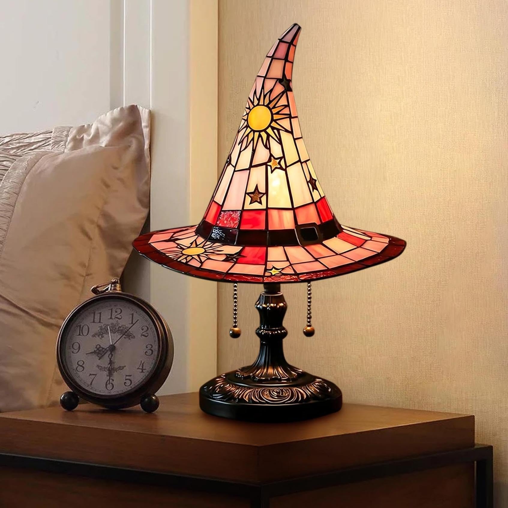 2026 Stained Glass Witch Hat Lamp, Witch Hat & Stained Glass – USB Powered Gothic Wizard Nightstand Light, Bookshelf Lamp for Bedroom, Party & Home Decor (Red)