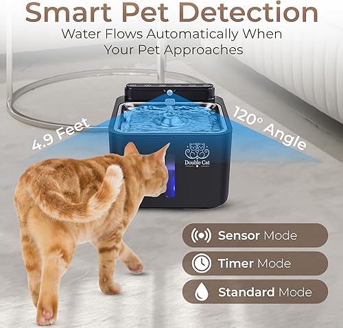 Miniatura 3 de Double Cat Fuente de agua para perros y gatos, automática, 108oz3.2L, detección inteligente de mascotas, inalámbrico, funcionamiento silencioso,