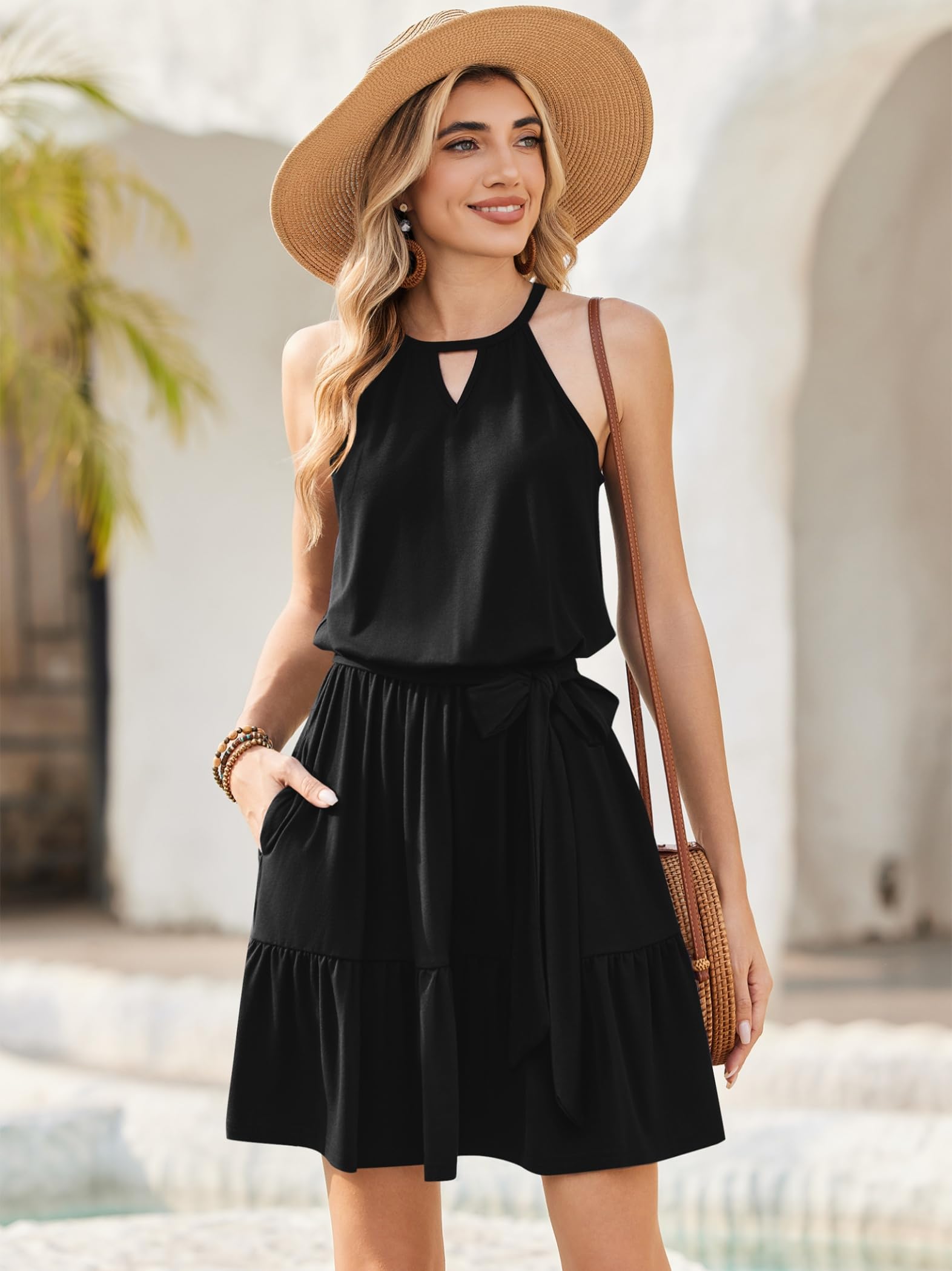 Zeagoo Vestito Estivo da Donna Elegante Scollo a V Abito Lunghezza al Ginocchio Vestiti Senza Maniche Abiti con Tasche S-XXL