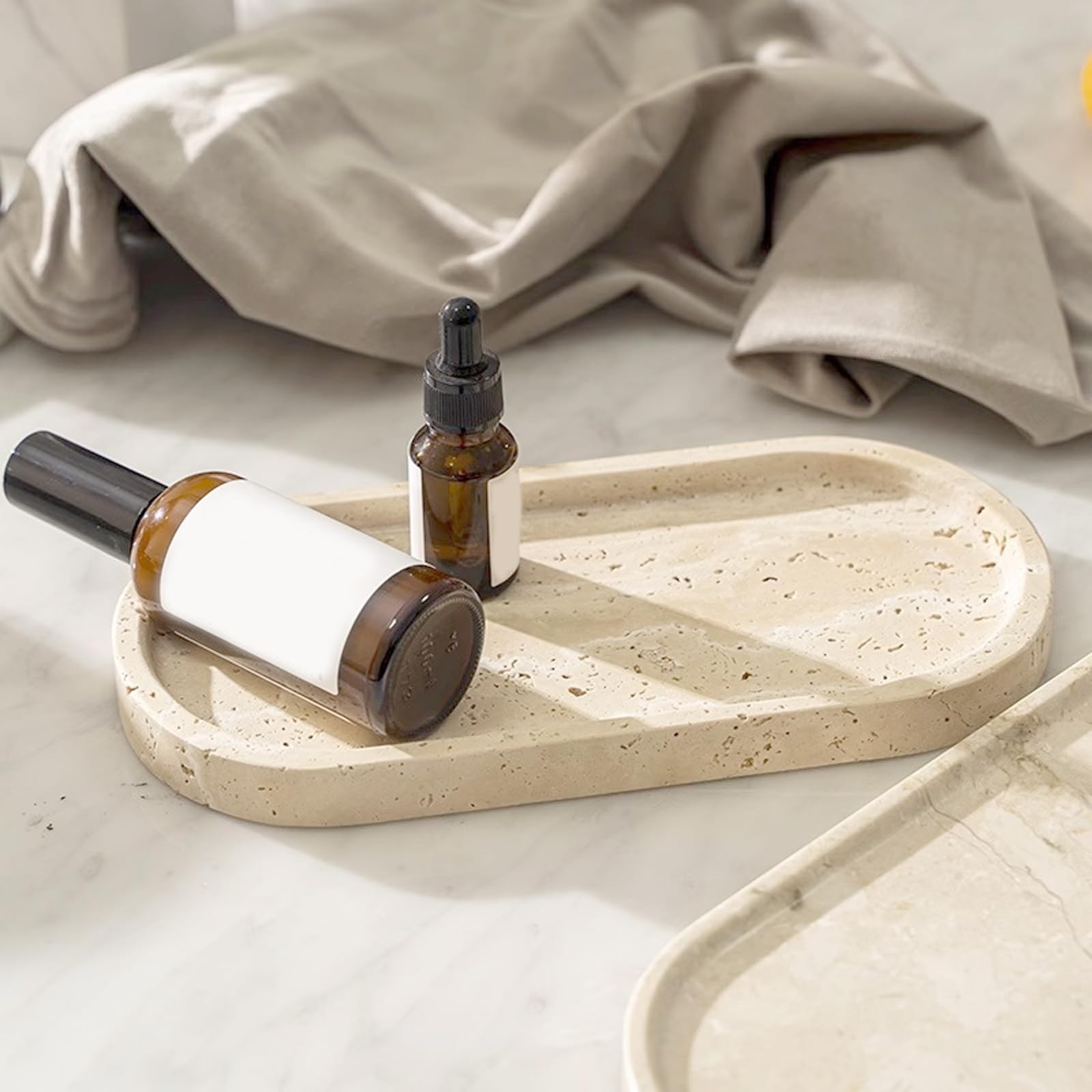 Plateau, Plateau Ovale de Salle de Bain en Travertin Naturel Plateaux Decoratif Beige à Bord Surélevé Plateaux à Bijoux 25 x 12 cm pour Cosmétiques Produits de Soin Bijoux Parfums et Bougies