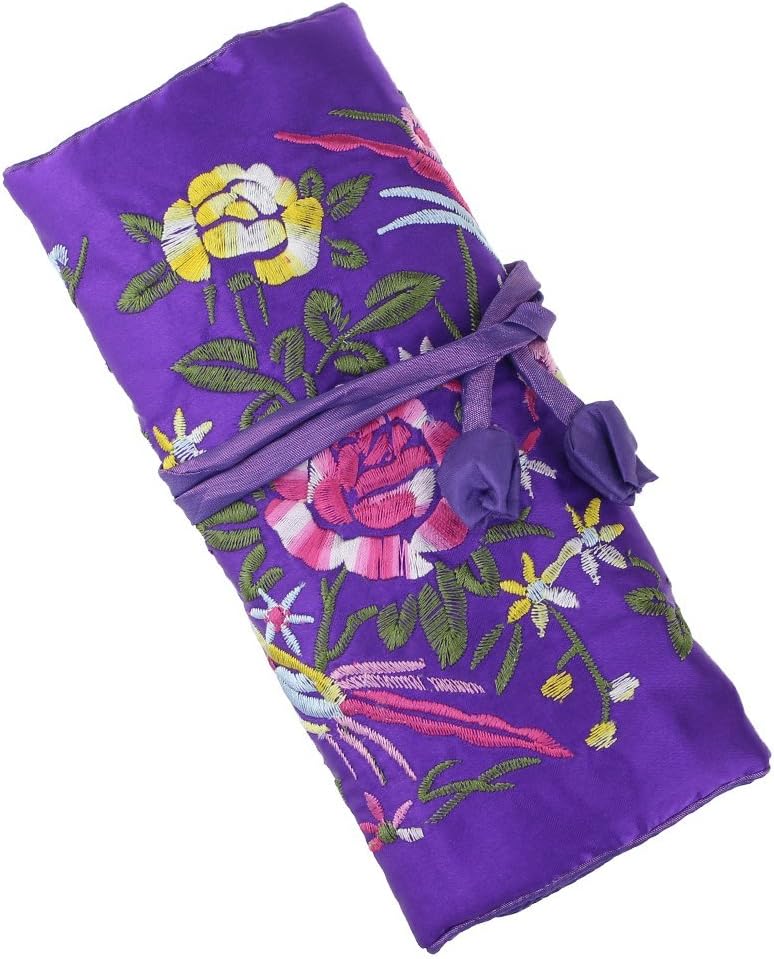 SuoSuoUK Jewelry Roll,Travel Jewelry Roll Bag,Silk Embroidery Brocade Jewelry Organizer Case with Tie Close,Dark Purple Flower