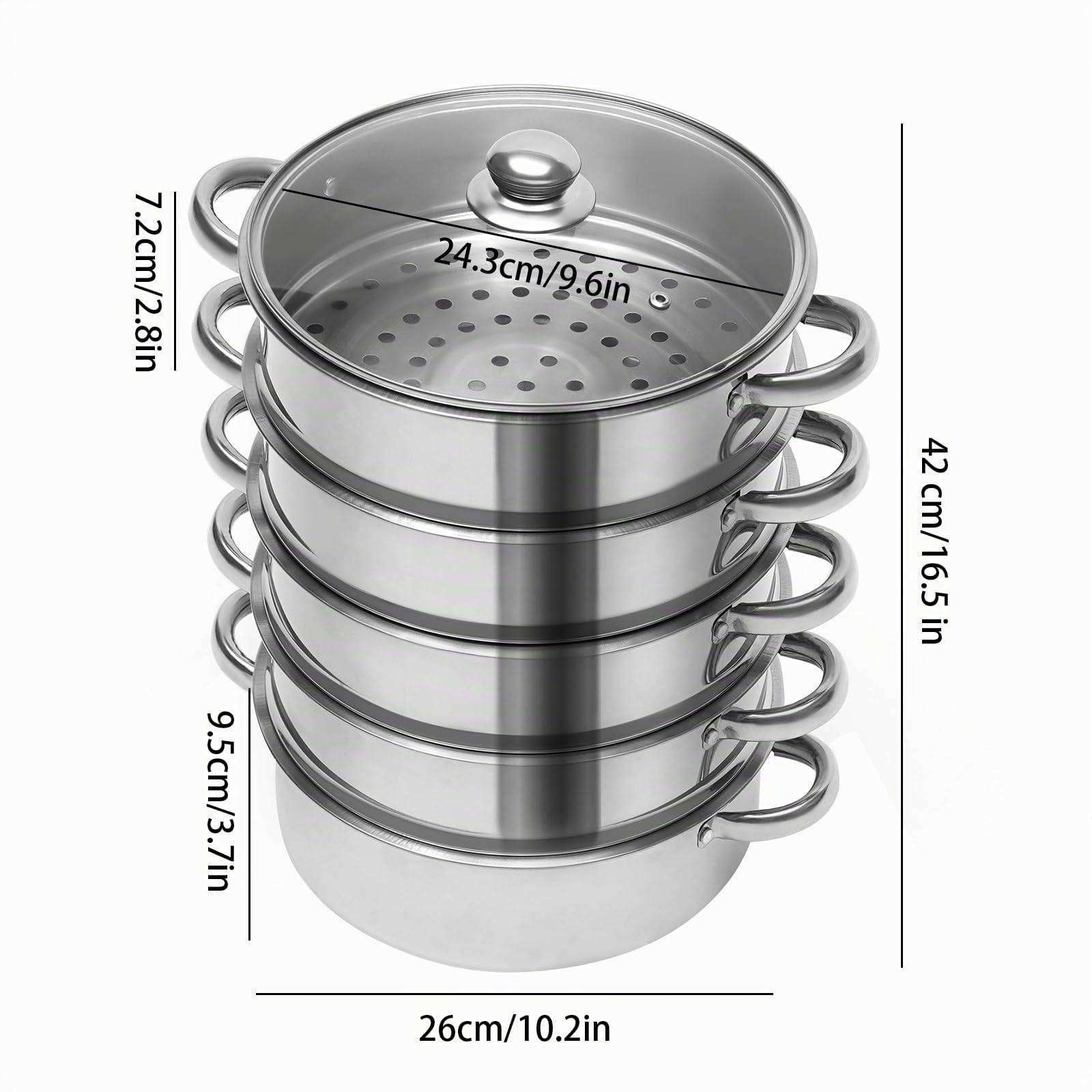 Cuocere a vapore a 5 strati, in acciaio inox con coperchio in vetro, a induzione, 26 cm, pentola a vapore biologica, per la casa