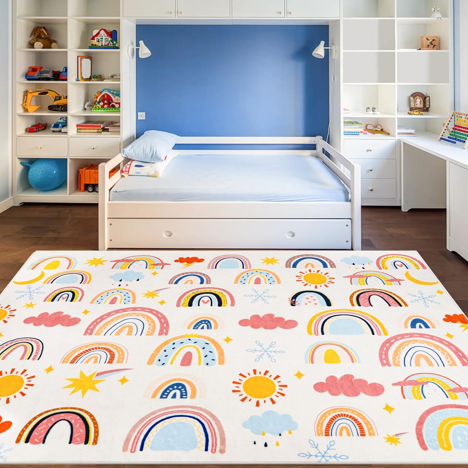 Rainbow Kids Rug 3'3" x 4'11", Soft Kid Area Rug, Small Washable Space Mat, Non-Slip Cute Rainbow Weather Kid Crawling Floor Mat for Living Room Playroom Classroom Bathroom(for Age 2+)