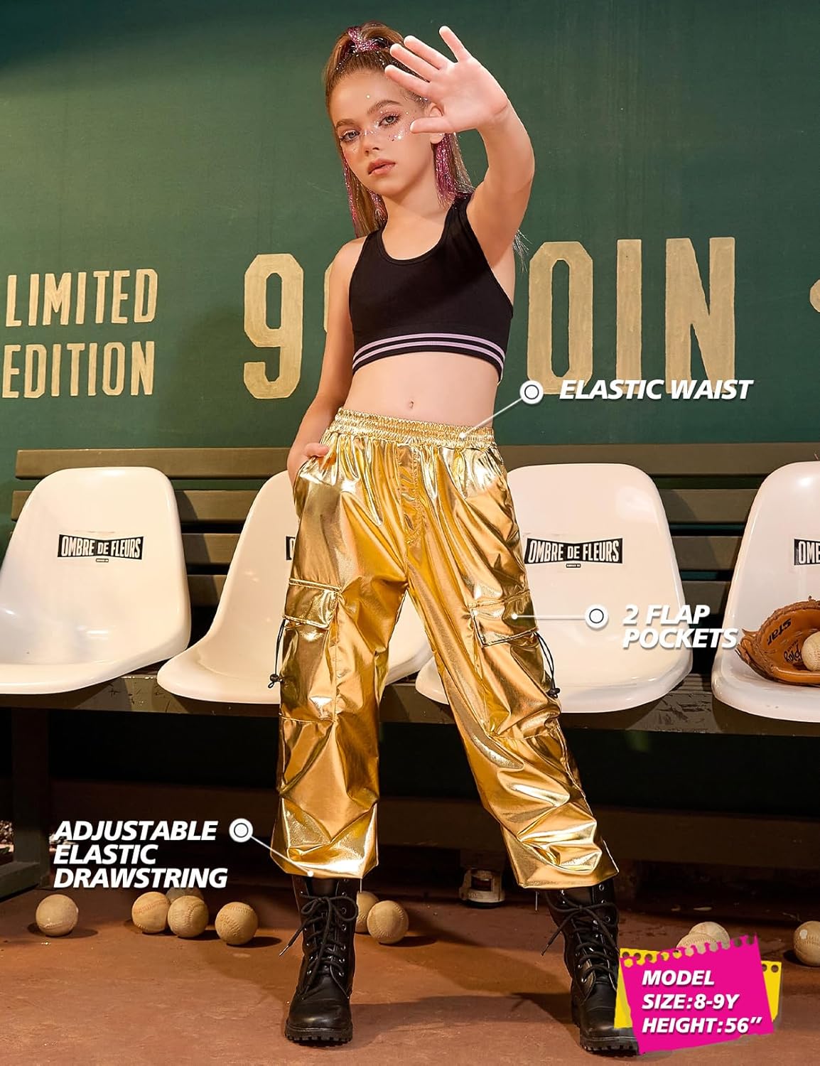 Jxstar Girls Metallic Cargo Pants​​ ​​Stretchy High Waist Hip Hop Dance Pants Shiny Jazz Street Joggers​​​​ for Kids - Image 4