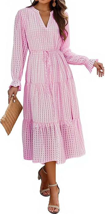 ECOWISH Women Winter Casual Dress - V Neck Long Sleeve Midi Pleated Tiered Plaid Loose Maternity Holiday Picnic Dresses