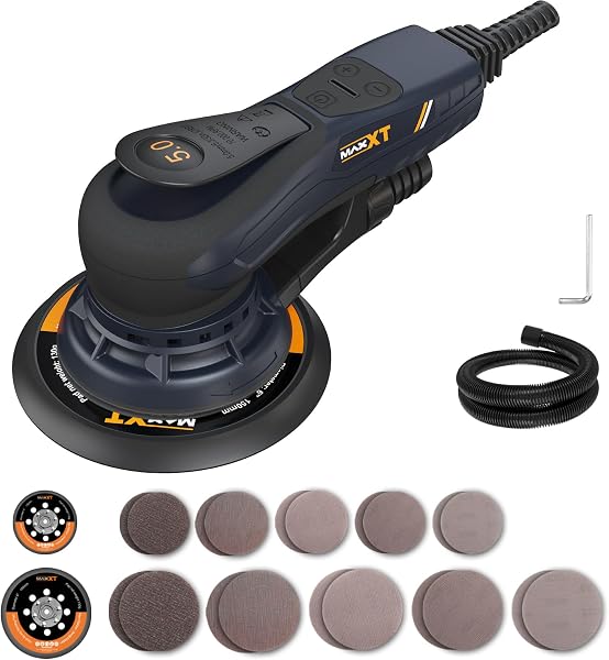 Smerigliatrice elettrica MAXXT senza spazzole da 350 W - Levigatrice orbitale 5.0 con dischi da 150 e 125 mm, attacco a tre punti, 4000-10000 giri/min (6 livelli), con 20 fogli - 1