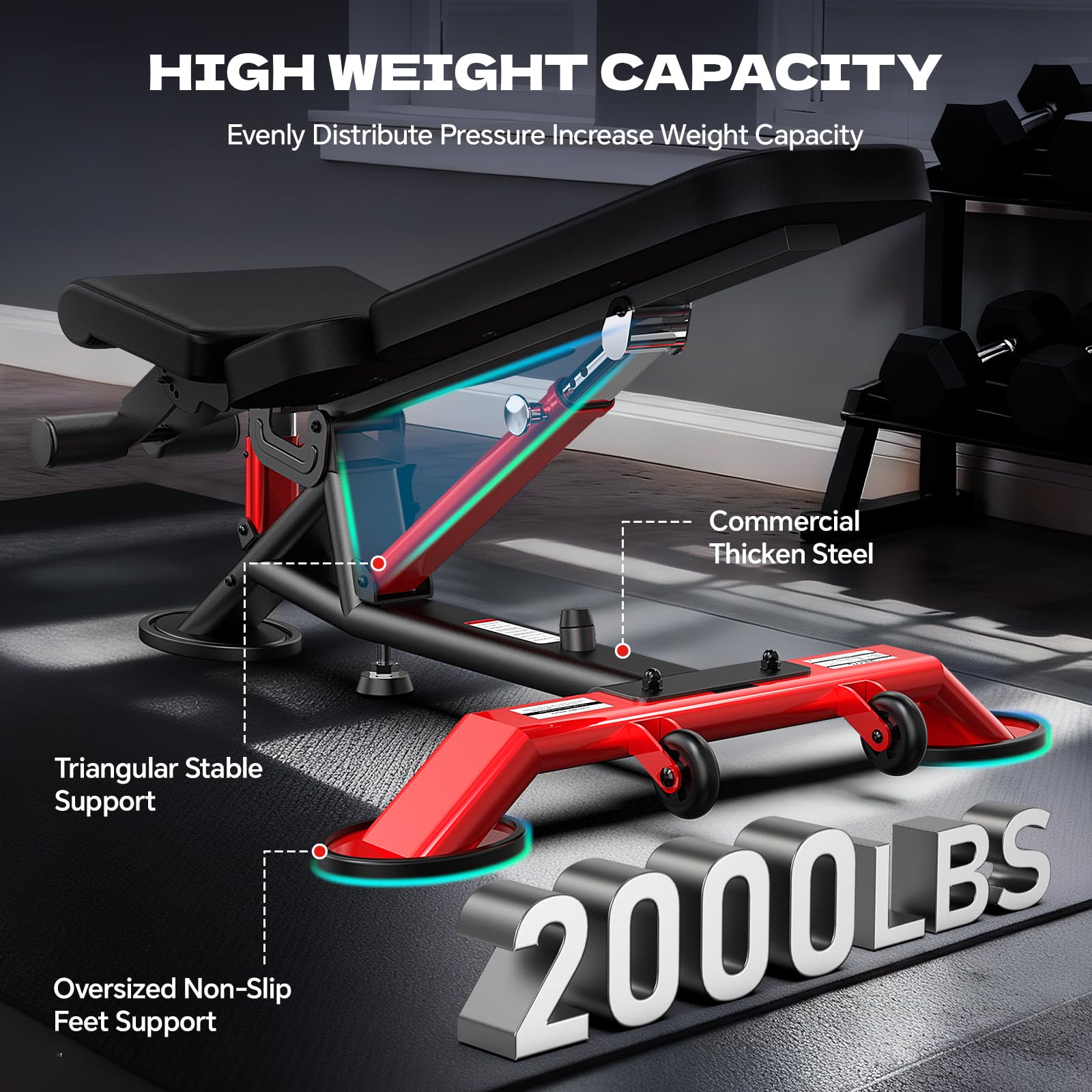 2000LB Adjustable Weight Bench for Home Gym, Incline/Decline/Flat Bench Press, Heavy Duty Foldable Workout Bench