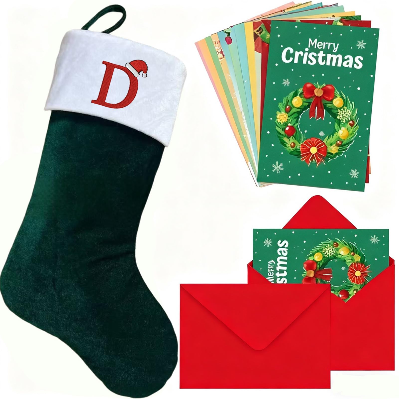 Christmas Stockings with Initials,Personalized Letters Xmas Stocking for Kids, Large Super Soft Embroidered Monogram Christmas Stocking,Holiday Family Stocking Decoration (Dark green Letter D)