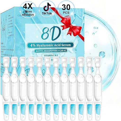 4% Hyaluronic Acid Serum for Face, 8D Hyaluronic Acid Ultra Hydrating Anti-Aging Serum with 20,000ppm Acetyl Hexapeptide-8, Korean Skincare Single-Use Ampoule for Dry & Sensitive Skin, 30pcs