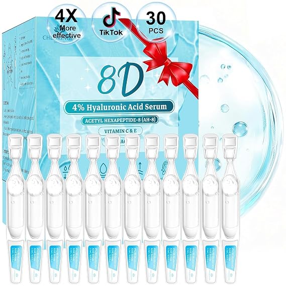 4% Hyaluronic Acid Serum for Face, 8D Hyaluronic Acid Ultra Hydrating Anti-Aging Serum with 20,000ppm Acetyl Hexapeptide-8, Korean Skincare Single-Use Ampoule for Dry & Sensitive Skin, 30pcs