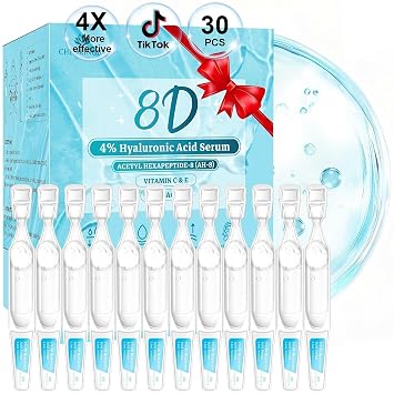 4% Hyaluronic Acid Serum for Face, 8D Hyaluronic Acid Ultra Hydrating Anti-Aging Serum with 20,000ppm Acetyl Hexapeptide-8, Korean Skincare Single-Use Ampoule for Dry & Sensitive Skin, 30pcs