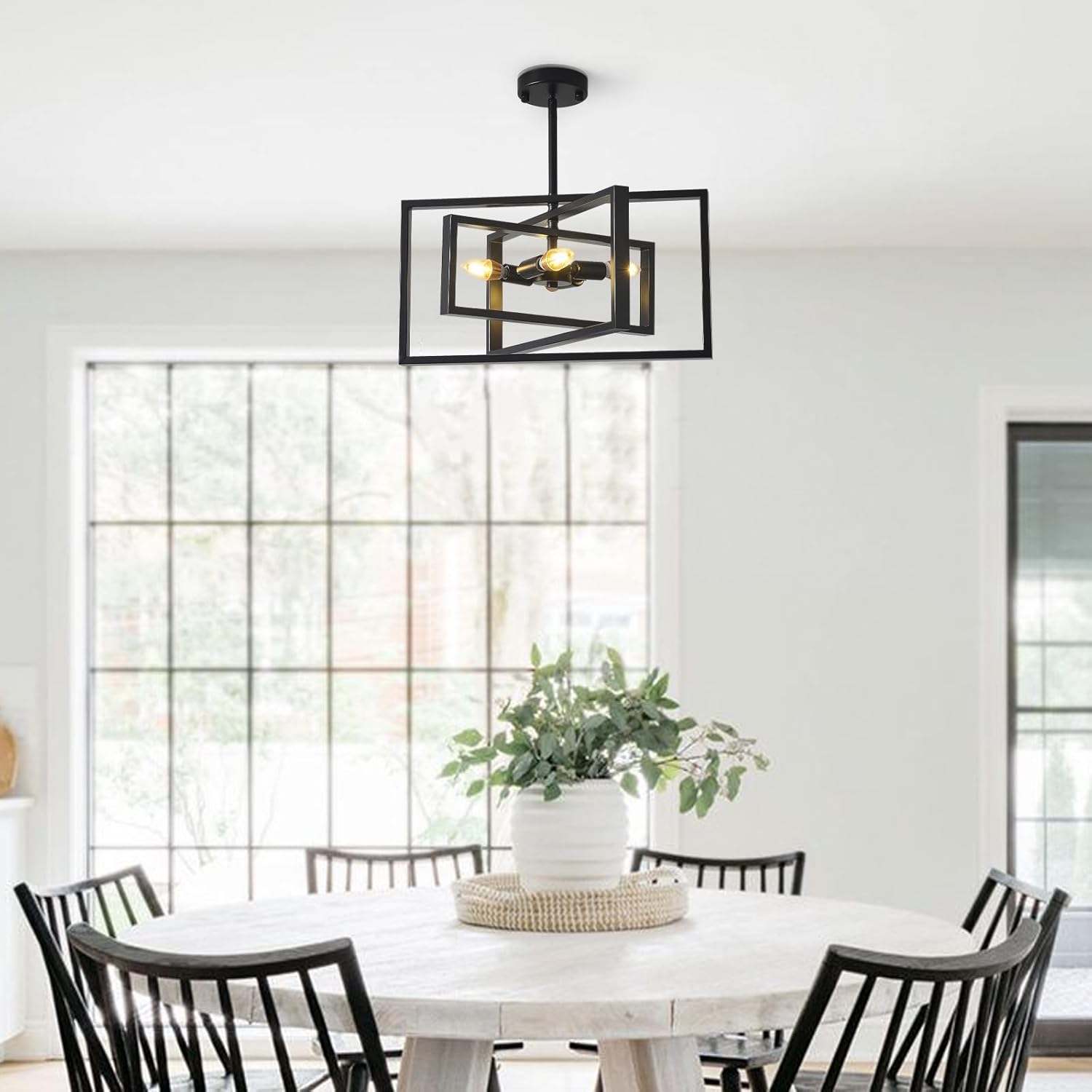 Farmhouse Black Chandelier 4 Lights Rectangular Pendant Light with Metal Cage Semi Flush Mount Ceiling Light for Kitchen, Bedroom, Dining Room, Hallway, Foyer