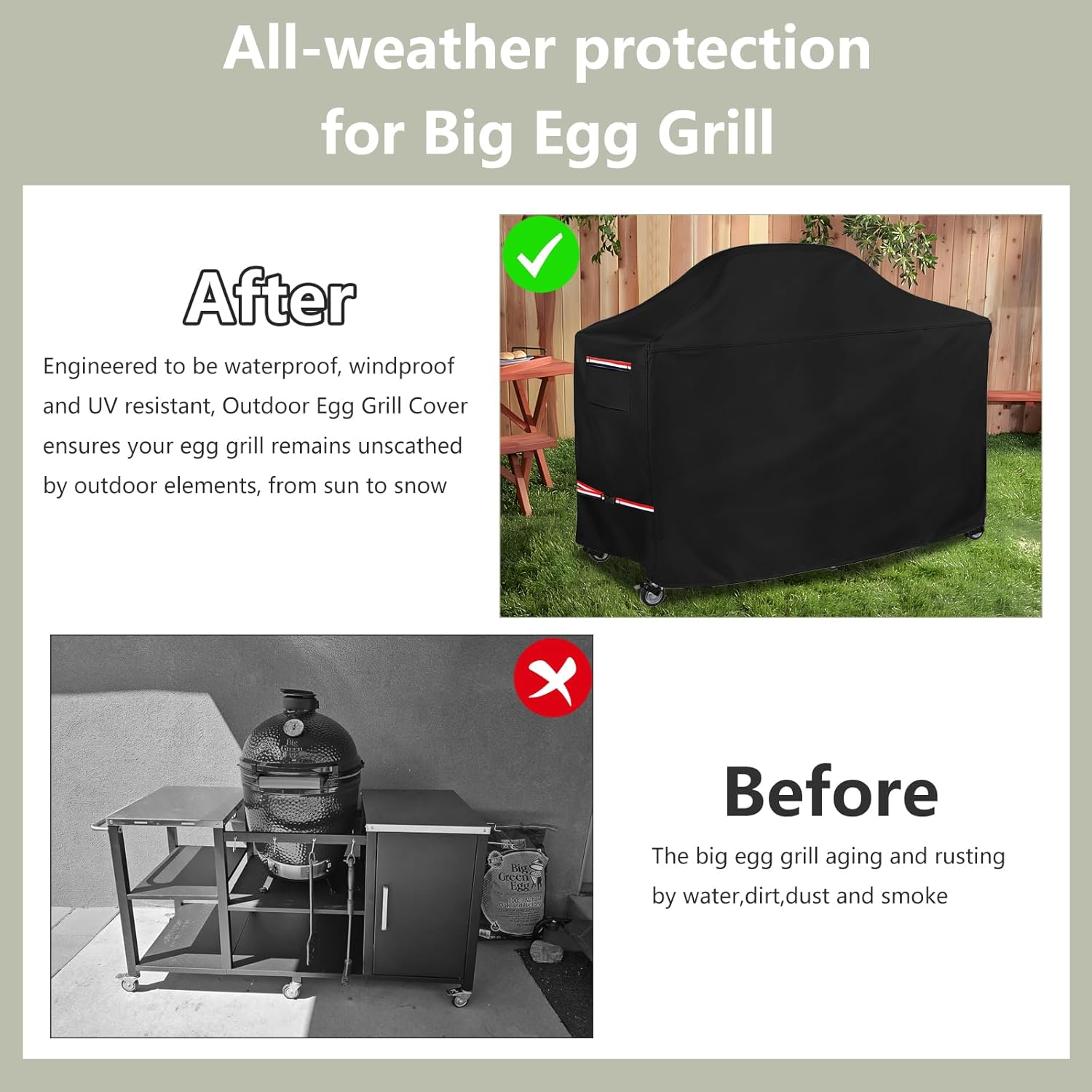 Grill Cover for 64 Inch Big Green Egg Grill Table, Waterproof Heavy Duty Outdoor Grill Cover, Kamado Ceramic BBQ Grill Cover, XL Green Egg Cover, Grill Cart Cover